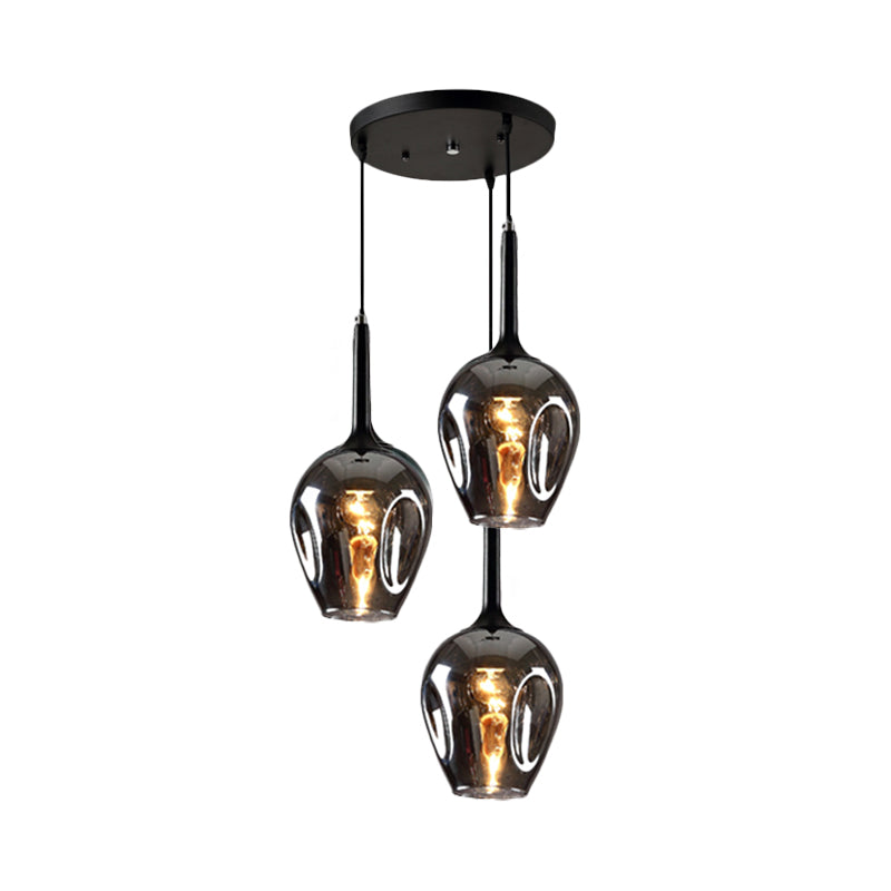 Black Tulip Cluster Lighting Modernist 3 Lights Amber/Smoke/Blue Glass Hanging Ceiling Lamp with Spiral Design
