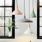 Conical Hanging Ceiling Light Macaron Aluminum 1-Bulb Pink/Gold/Grey and Wood Pendant Light Fixture over Table