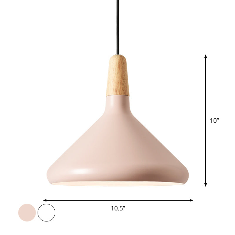 Conical Hanging Ceiling Light Macaron Aluminum 1-Bulb Pink/Gold/Grey and Wood Pendant Light Fixture over Table