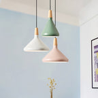 Conical Hanging Ceiling Light Macaron Aluminum 1-Bulb Pink/Gold/Grey and Wood Pendant Light Fixture over Table