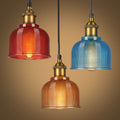 Retro Style Carillon Pendant Light 1-Light Red/Orange/Blue Gridded Glass Suspension Lighting for Dining Room