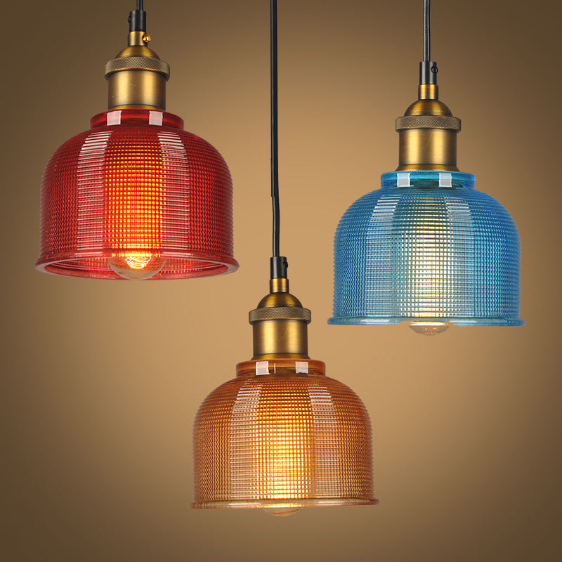 Retro Style Carillon Pendant Light 1-Light Red/Orange/Blue Gridded Glass Suspension Lighting for Dining Room