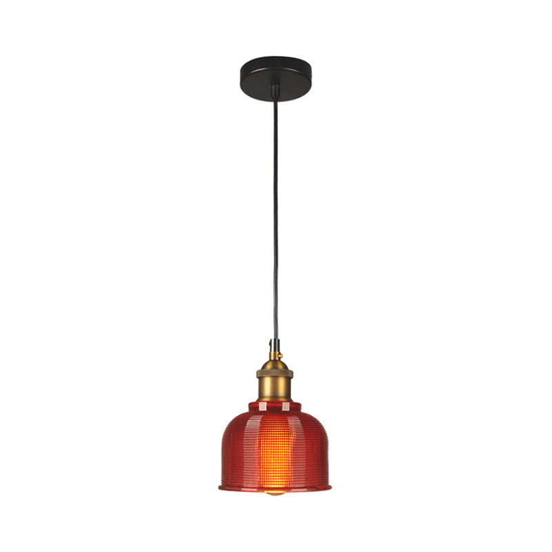 Retro Style Carillon Pendant Light 1-Light Red/Orange/Blue Gridded Glass Suspension Lighting for Dining Room
