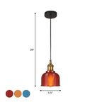 Retro Style Carillon Pendant Light 1-Light Red/Orange/Blue Gridded Glass Suspension Lighting for Dining Room