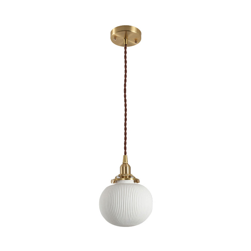 Rustic Ribbed Capsule/Ellipse Drop Pendant Single Bulb Ceramics Ceiling Hang Light in White and Brass