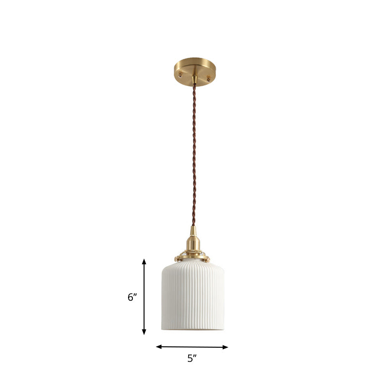 Rustic Ribbed Capsule/Ellipse Drop Pendant Single Bulb Ceramics Ceiling Hang Light in White and Brass