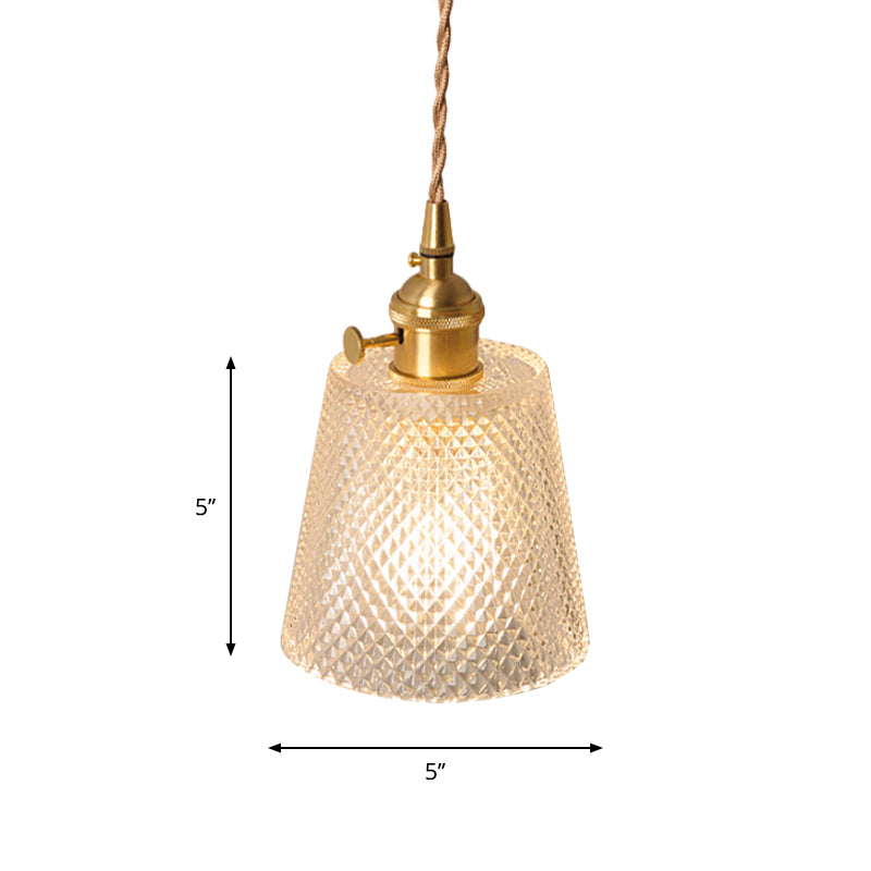 Bowl/Cylinder Bedside Wall Lighting Antique Clear Prismatic/Wavy Glass 1 Bulb Brass Wall Hanging Lamp with Rotary Switch