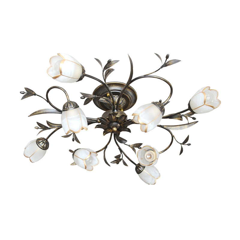 Flower Vine Bedroom Semi Flush Mount Rural Cream Glass 4/8/12-Light Antique Brass Ceiling Mounted Chandelier