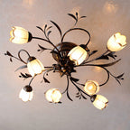 Flower Vine Bedroom Semi Flush Mount Rural Cream Glass 4/8/12-Light Antique Brass Ceiling Mounted Chandelier