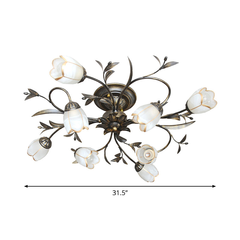 Flower Vine Bedroom Semi Flush Mount Rural Cream Glass 4/8/12-Light Antique Brass Ceiling Mounted Chandelier