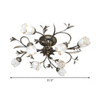 Flower Vine Bedroom Semi Flush Mount Rural Cream Glass 4/8/12-Light Antique Brass Ceiling Mounted Chandelier