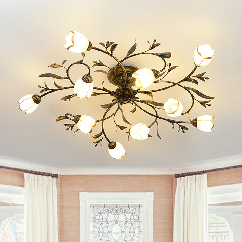 Flower Vine Bedroom Semi Flush Mount Rural Cream Glass 4/8/12-Light Antique Brass Ceiling Mounted Chandelier