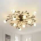 Flower Vine Bedroom Semi Flush Mount Rural Cream Glass 4/8/12-Light Antique Brass Ceiling Mounted Chandelier