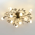 Flower Vine Bedroom Semi Flush Mount Rural Cream Glass 4/8/12-Light Antique Brass Ceiling Mounted Chandelier