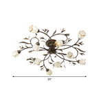Flower Vine Bedroom Semi Flush Mount Rural Cream Glass 4/8/12-Light Antique Brass Ceiling Mounted Chandelier