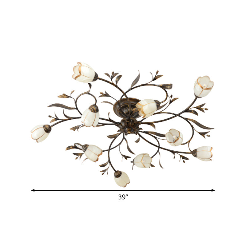 Flower Vine Bedroom Semi Flush Mount Rural Cream Glass 4/8/12-Light Antique Brass Ceiling Mounted Chandelier