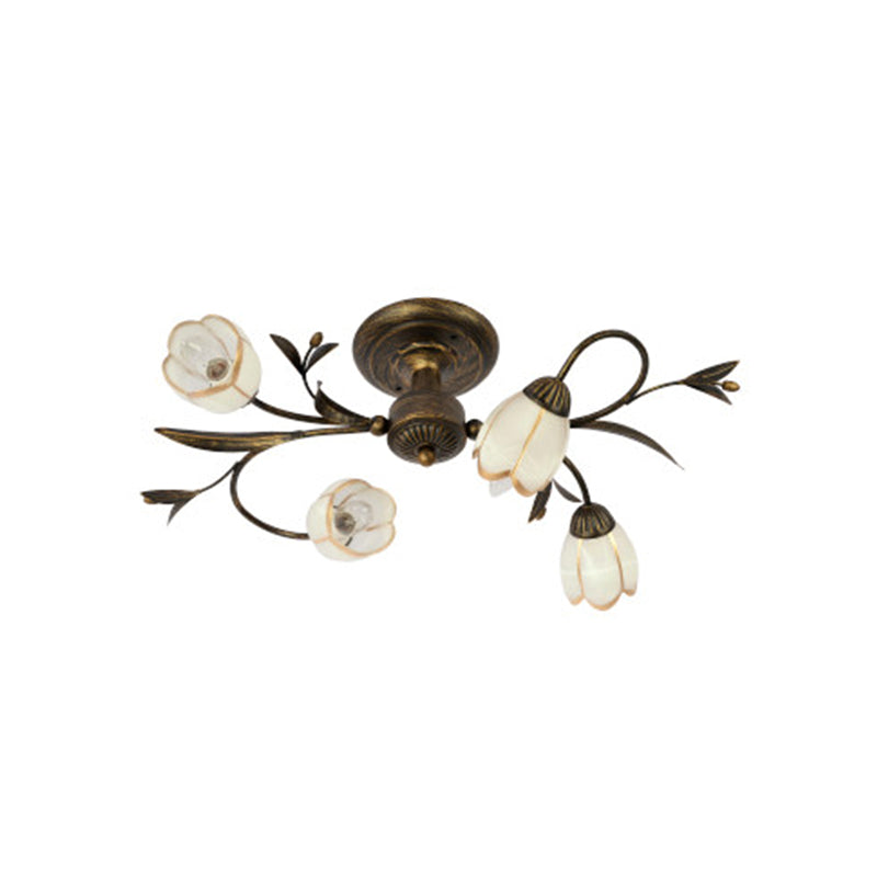 Flower Vine Bedroom Semi Flush Mount Rural Cream Glass 4/8/12-Light Antique Brass Ceiling Mounted Chandelier
