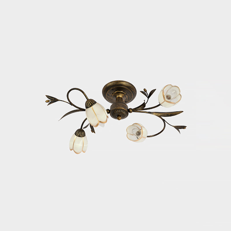 Flower Vine Bedroom Semi Flush Mount Rural Cream Glass 4/8/12-Light Antique Brass Ceiling Mounted Chandelier