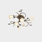 Flower Vine Bedroom Semi Flush Mount Rural Cream Glass 4/8/12-Light Antique Brass Ceiling Mounted Chandelier