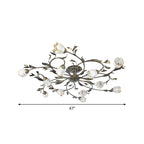 Flower Vine Bedroom Semi Flush Mount Rural Cream Glass 4/8/12-Light Antique Brass Ceiling Mounted Chandelier