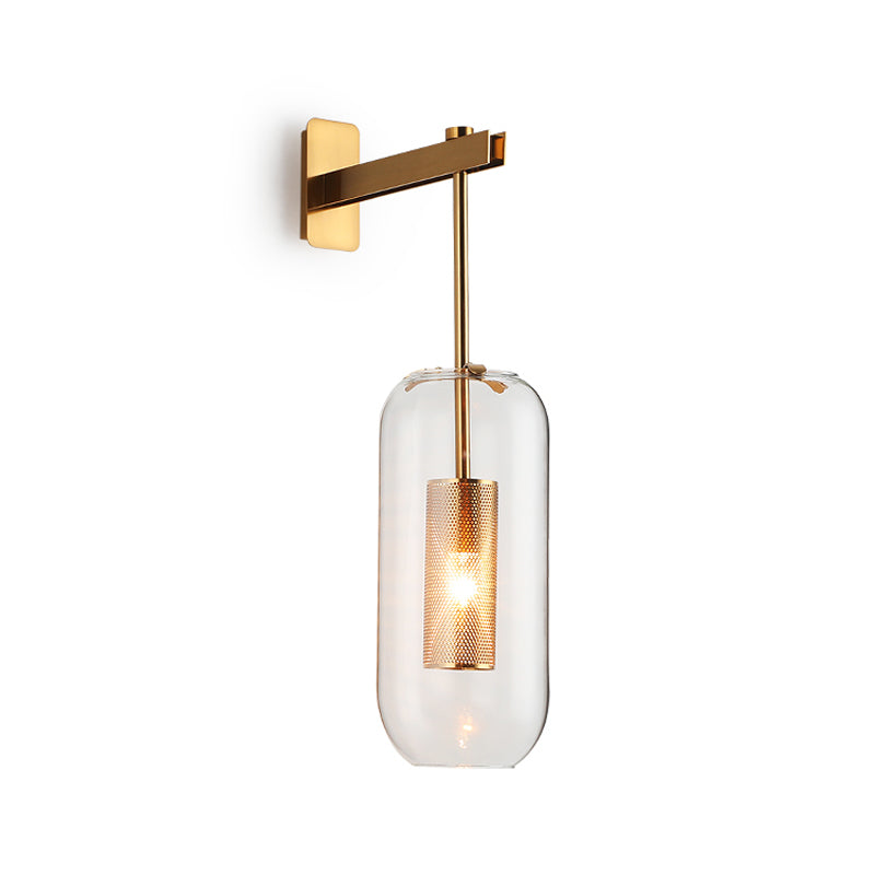 Postmodern Capsule Wall Hanging Light Clear Glass 1 Bulb Bedside Wall Mounted Lamp with Interior Mesh Guard in Black/Gold