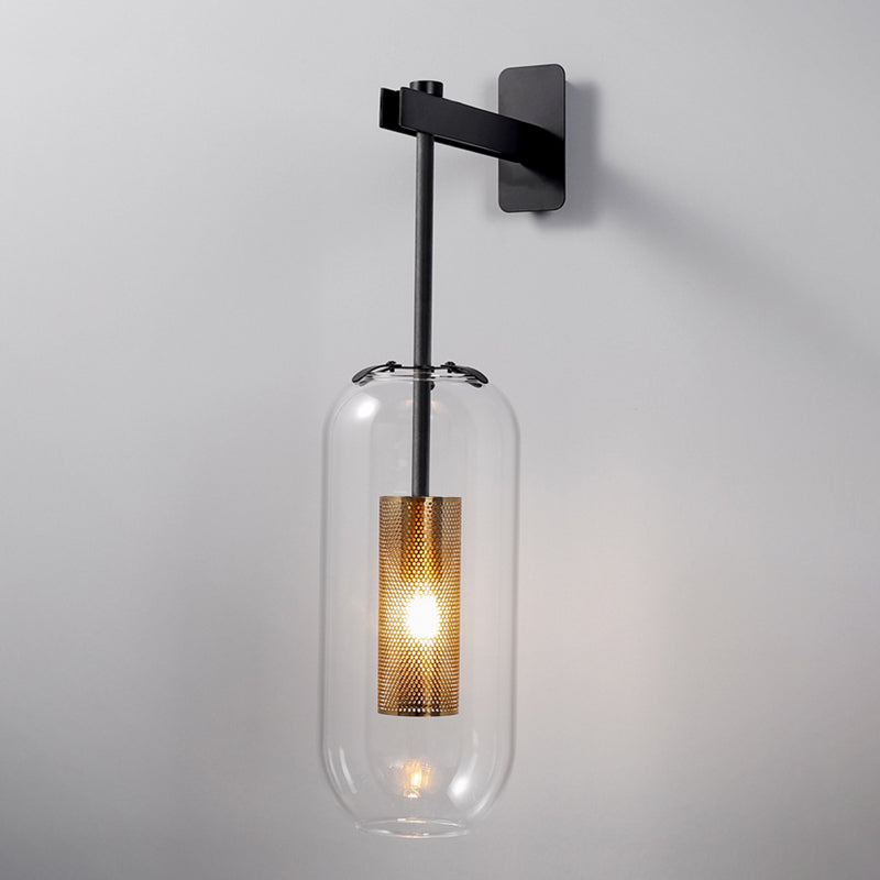 Postmodern Capsule Wall Hanging Light Clear Glass 1 Bulb Bedside Wall Mounted Lamp with Interior Mesh Guard in Black/Gold