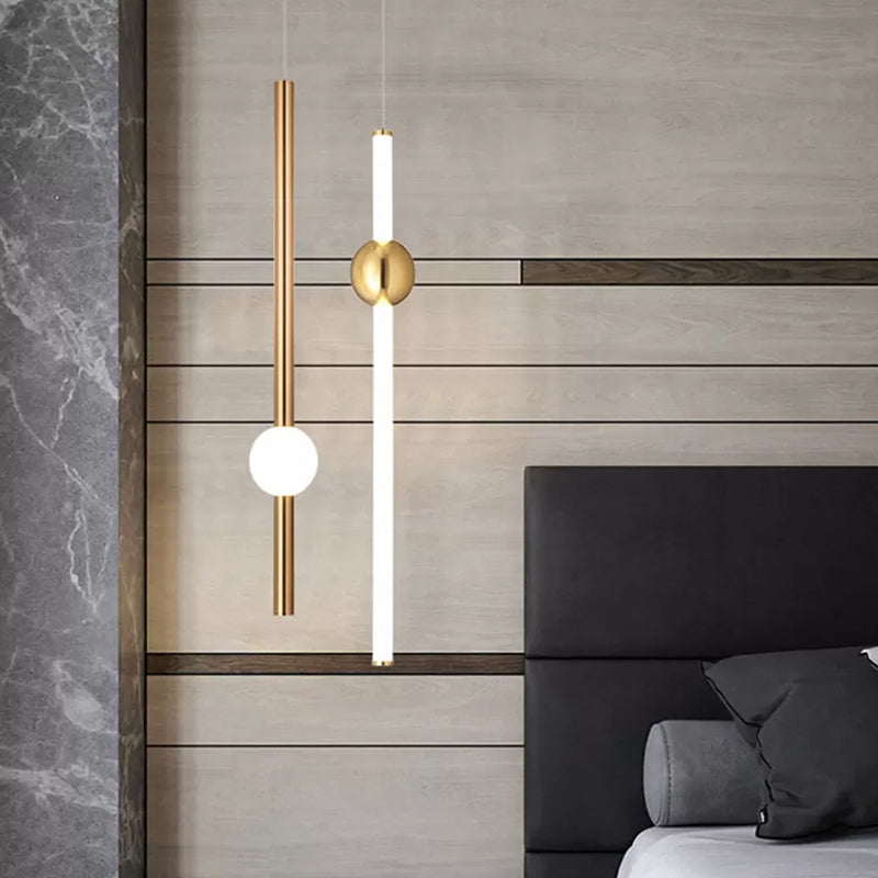 1-Head Bedside Drop Pendant Postmodern Gold/Clear Hanging Light with Tubular Frosted White Glass Shade