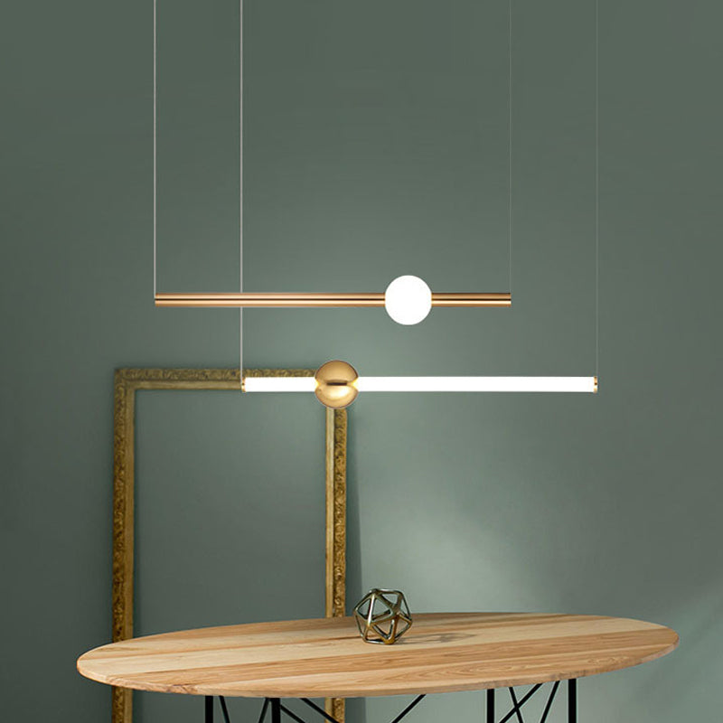 1-Head Bedside Drop Pendant Postmodern Gold/Clear Hanging Light with Tubular Frosted White Glass Shade
