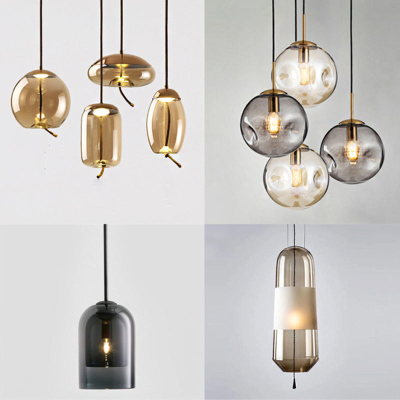 Dimpled Sphere Ceiling Pendant Modern Cognac/Smoke Grey Glass 1 Head Brass Hanging Light Fixture for Living Room