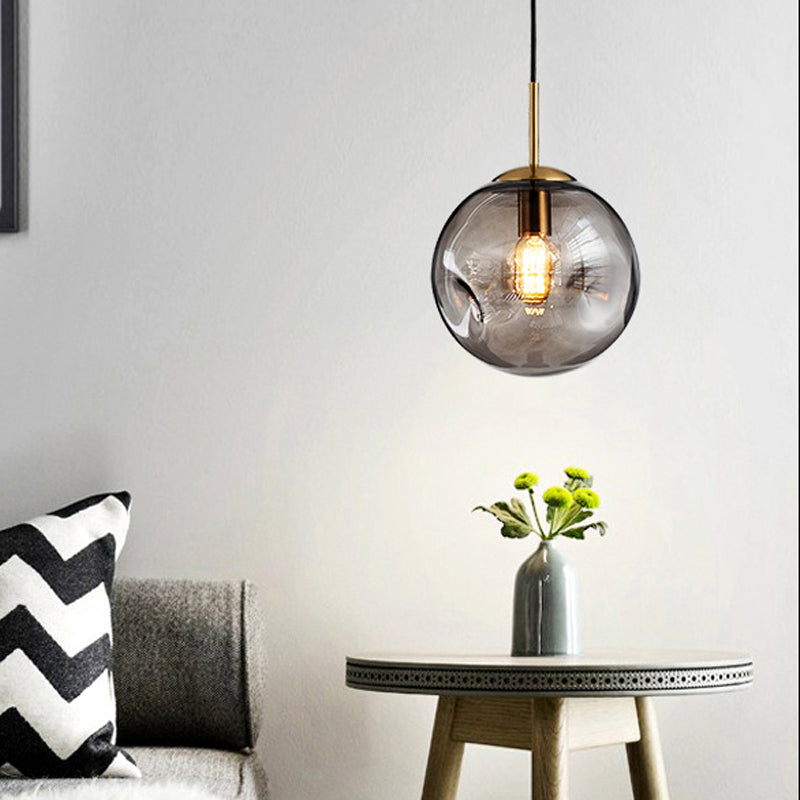 Dimpled Sphere Ceiling Pendant Modern Cognac/Smoke Grey Glass 1 Head Brass Hanging Light Fixture for Living Room