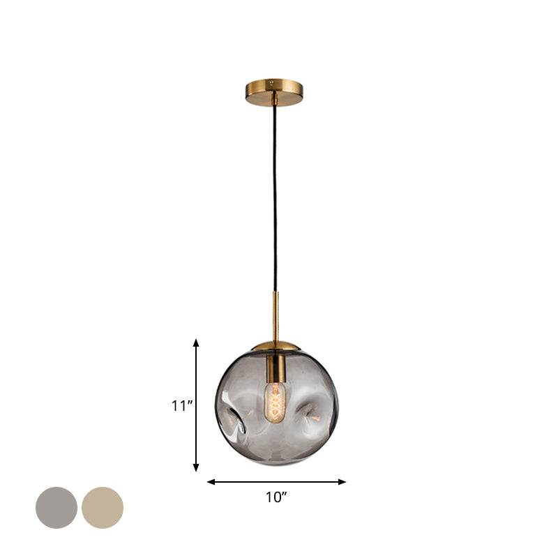 Dimpled Sphere Ceiling Pendant Modern Cognac/Smoke Grey Glass 1 Head Brass Hanging Light Fixture for Living Room
