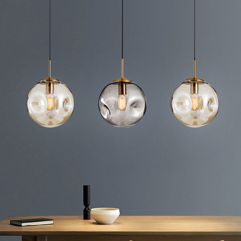 Dimpled Sphere Ceiling Pendant Modern Cognac/Smoke Grey Glass 1 Head Brass Hanging Light Fixture for Living Room