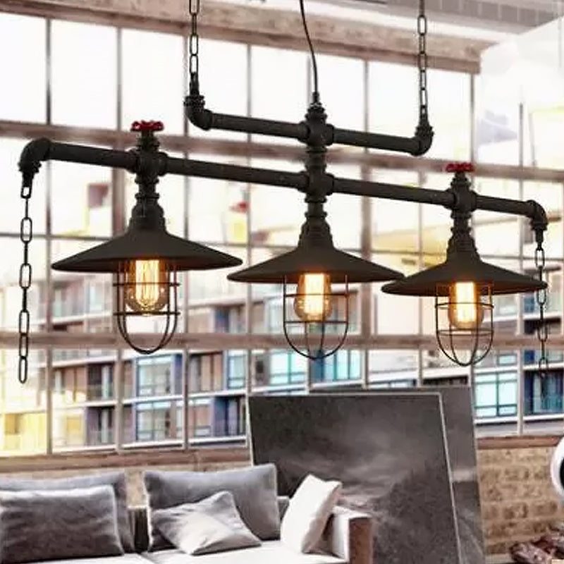 2/3 Heads Saucer Island Lighting Steampunk Black Iron Hanging Light Fixture with Cage and Chain Deco