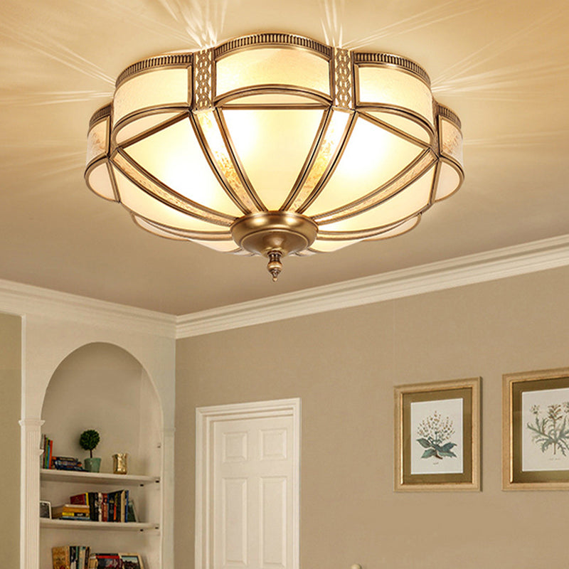 Scalloped/Bowl/Flower Frosted Glass Flush Mount Light Vintage 3 Lights Bedroom Ceiling Light in Brass