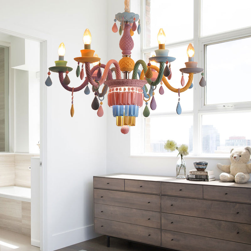 Nursing Room Foyer Candle Pendant Light Glass Kids Multi-Color Chandelier with Teardrop