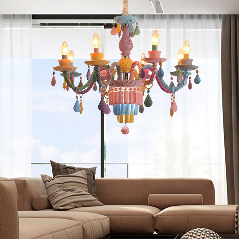 Nursing Room Foyer Candle Pendant Light Glass Kids Multi-Color Chandelier with Teardrop