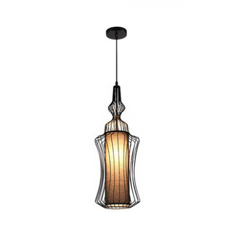 Gourd Shaped Iron Pendant Lighting Retro 1 Bulb Dining Room Ceiling Hanging Lantern with Fabric Shade Inside in Black