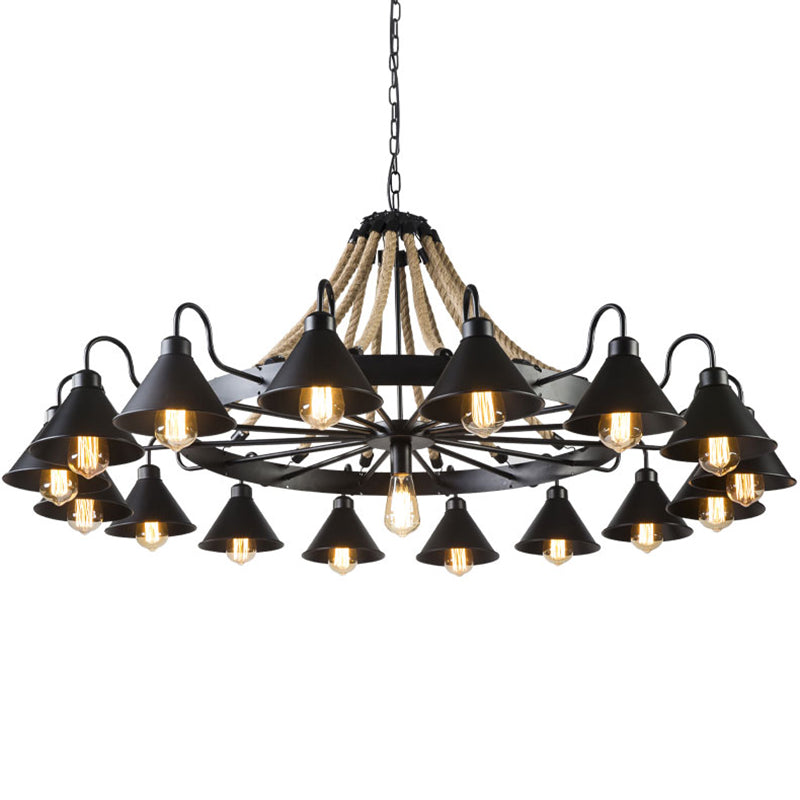 Metal Black Chandelier Light Fixture Cone Industrial Rope Ceiling Suspension Lamp with Wagon Wheel Design
