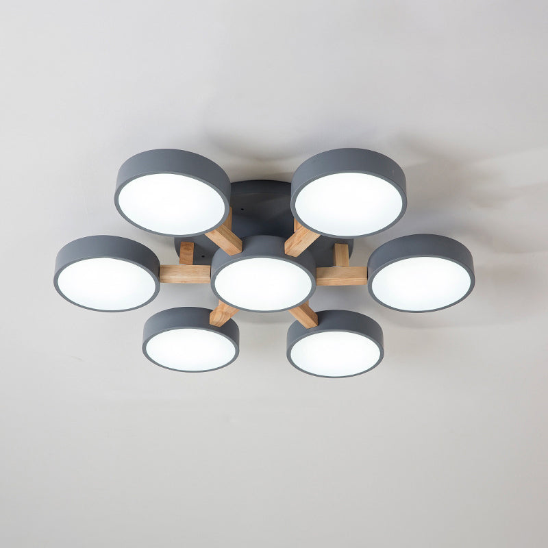 Round Living Room Semi Mount Lighting Acrylic Minimalist Ceiling Light Fixture with Wood Arm