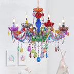 Fake Candle Pendant Light Pretty Glass Multi-Colored Chandelier with Teardrop Crystal for Kindergarten
