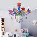 Fake Candle Pendant Light Pretty Glass Multi-Colored Chandelier with Teardrop Crystal for Kindergarten