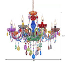 Fake Candle Pendant Light Pretty Glass Multi-Colored Chandelier with Teardrop Crystal for Kindergarten