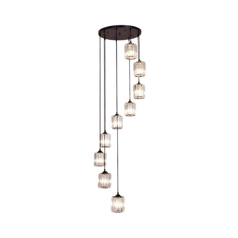 Cylinder Cluster Pendant Light Minimalist Clear Crystal Black Drop Lamp for Stairs