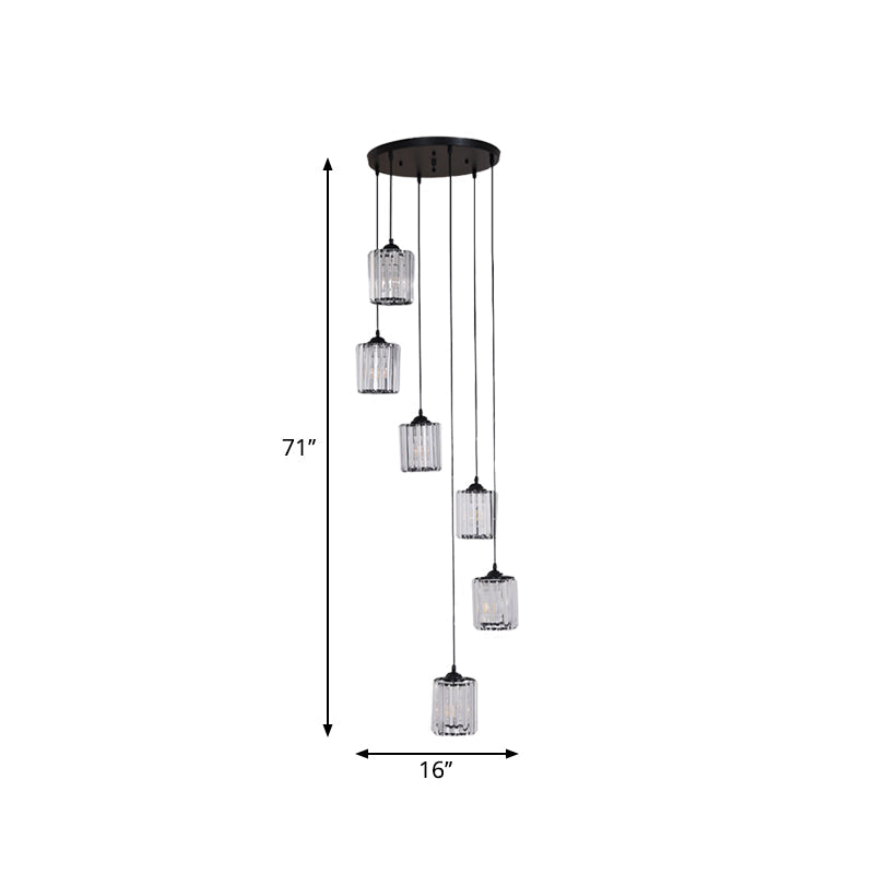 Cylinder Cluster Pendant Light Minimalist Clear Crystal Black Drop Lamp for Stairs