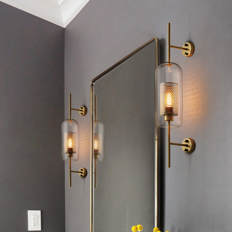 Pill Capsule Wall Lighting Fixture Modernism Clear Glass 1-Bulb Bathroom Wall Lamp Sconce with Inside Mesh Screen