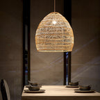 Rattan Cloche Pendant Ceiling Light Asian Single-Bulb Suspension Lighting over Dining Table