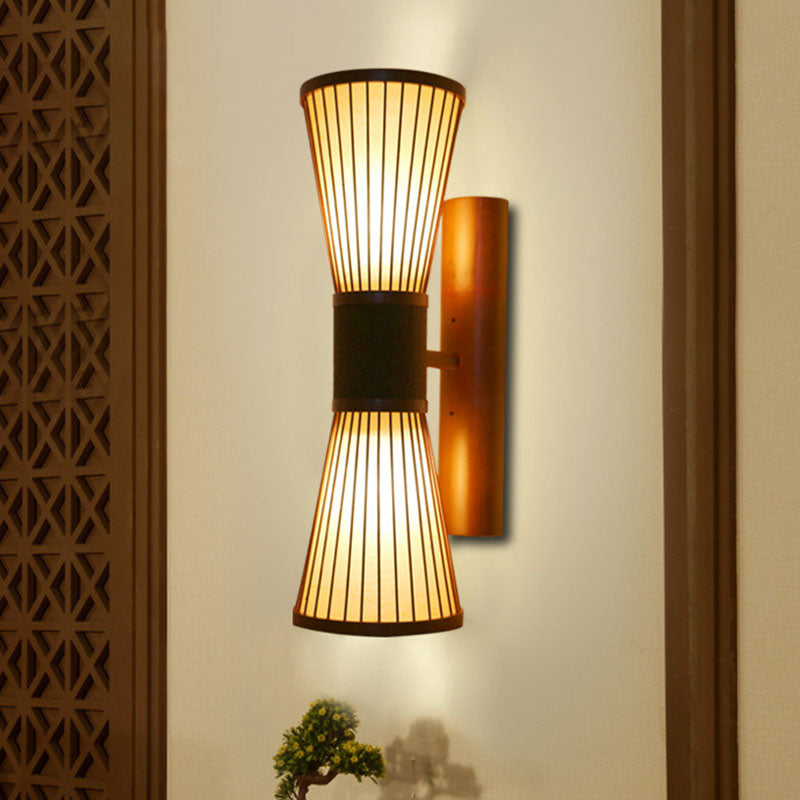 1 Head Corridor Wall Light Asian Wood Wall Sconce Lighting with Hourglass Bamboo Shade