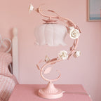 1 Head Table Lamp Pastoral Style Bud White Glass Nightstand Lighting with Ceramic Rose for Bedside