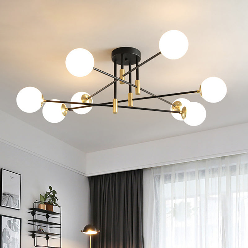 Cream Glass Sphere Semi Flush Mount Modernist 4/6/8 Lights Black Semi Flush Mount Light Fixture with Linear Arm