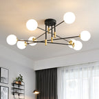 Cream Glass Sphere Semi Flush Mount Modernist 4/6/8 Lights Black Semi Flush Mount Light Fixture with Linear Arm